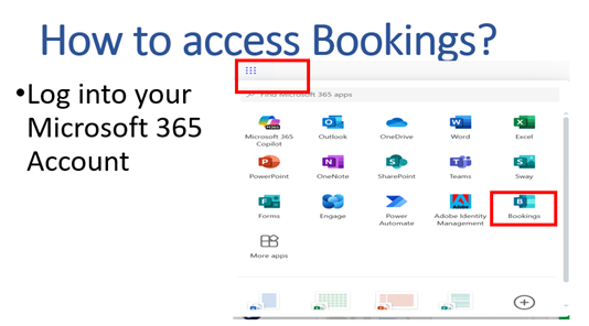 Icons of all Microsoft Account with Bookings highlighted